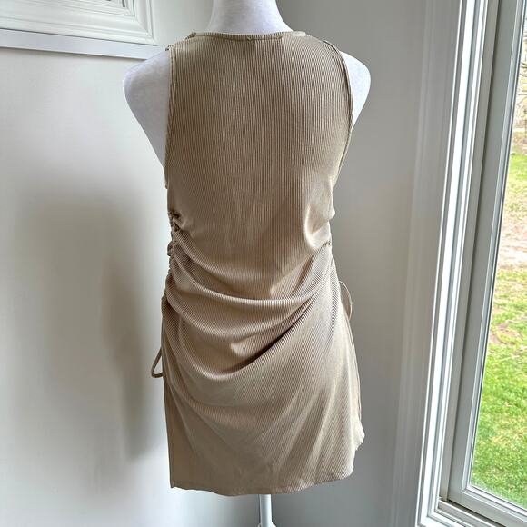 Zara Gold Tan Ribbed Side Tie Ruched Sexy Stretch Casual Tank Dress Medium - Picture 6 of 8